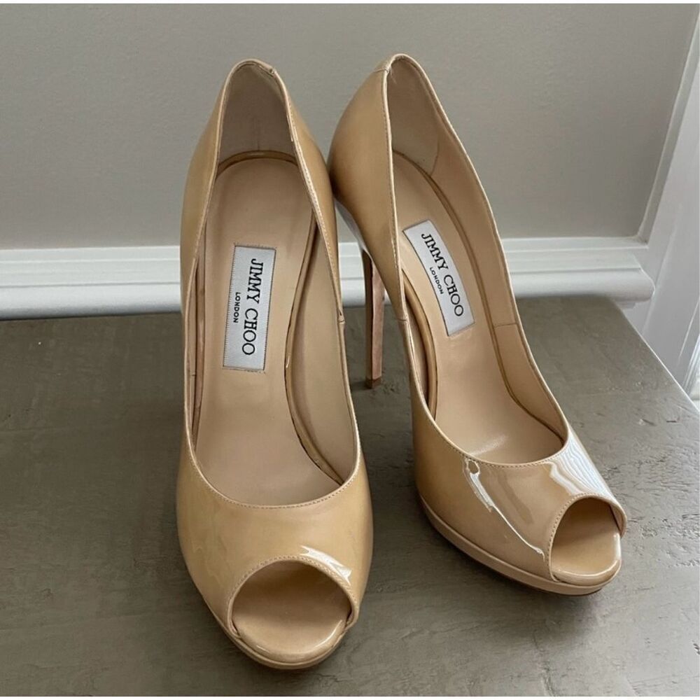 Jimmy Choo Sz 40.5 Open Toe Pump Heels Tan Patent Leather Classic Iconic Formal